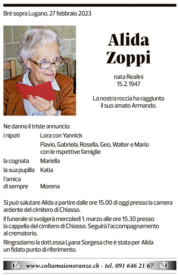 Annuncio funebre Alida Zoppi