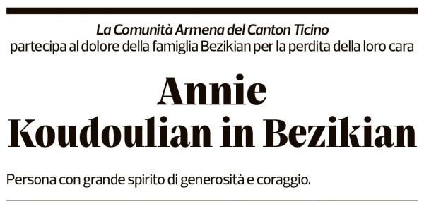 Annuncio funebre Annie Koudoulian Bezikian