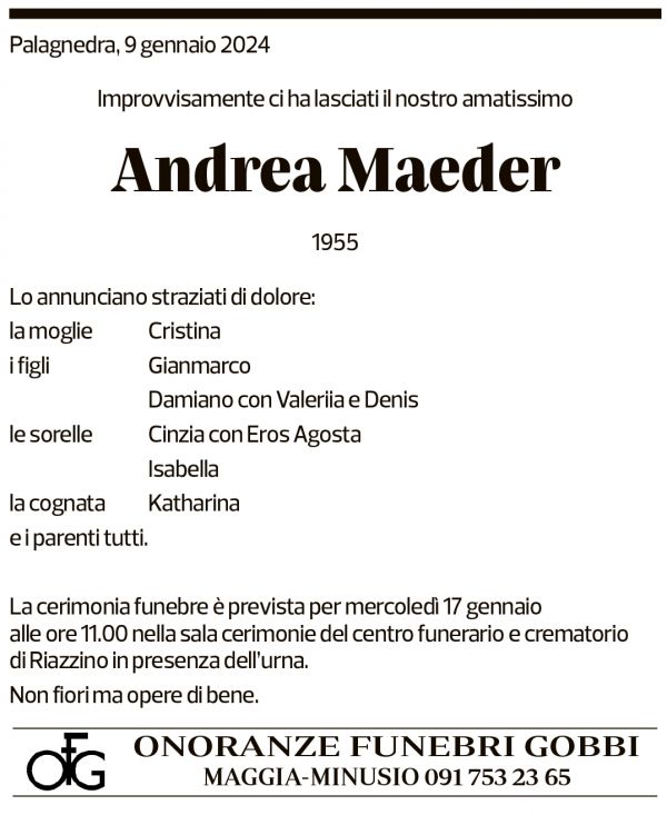 Annuncio funebre Andrea Maeder