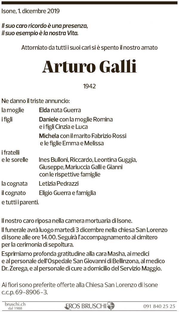 Annuncio funebre Arturo Galli