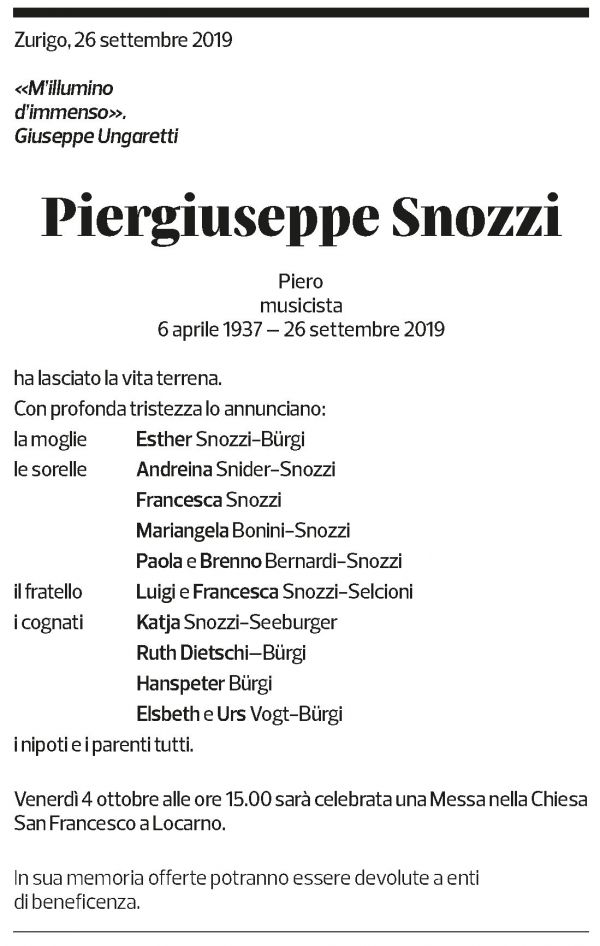 Annuncio funebre Piergiuseppe Snozzi