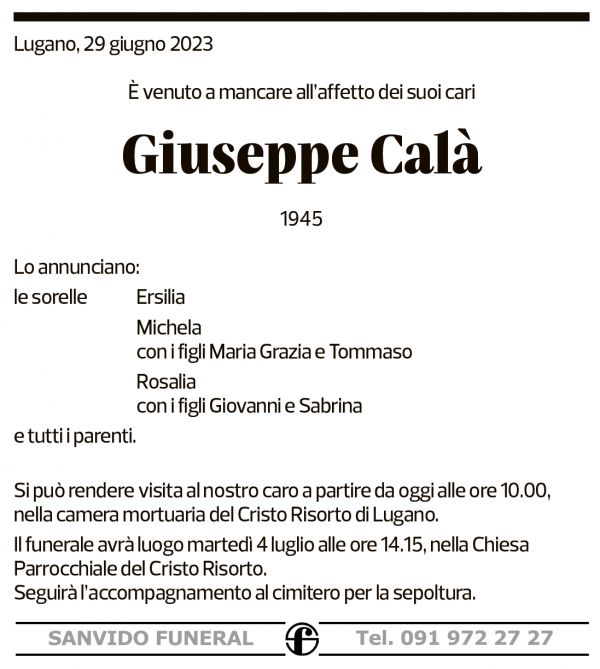 Annuncio funebre Giuseppe Calà