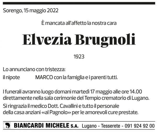 Annuncio funebre Elvezia Brugnoli