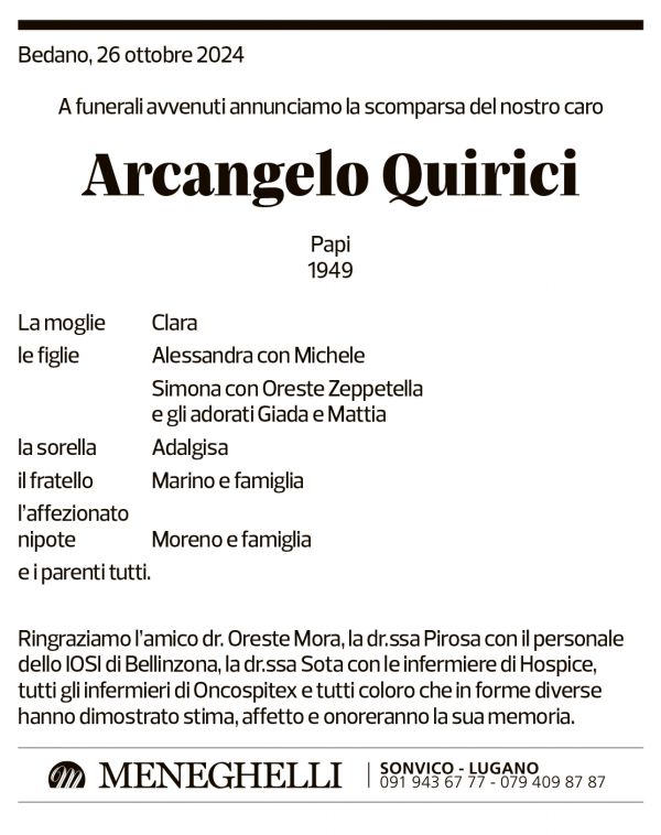 Annuncio funebre Arcangelo Quirici