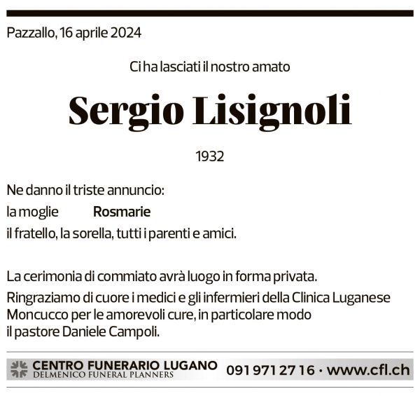 Annuncio funebre Sergio Lisignoli