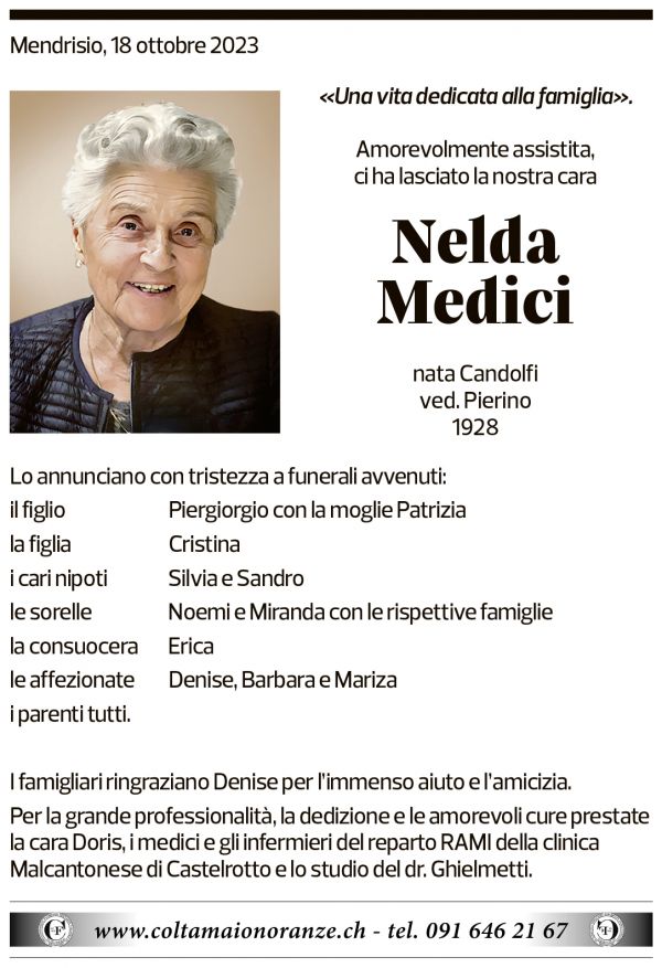 Annuncio funebre Nelda Medici