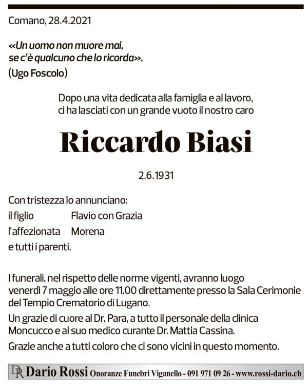 Annuncio funebre Riccardo Biasi