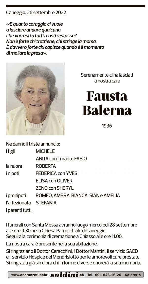 Annuncio funebre Fausta Balerna