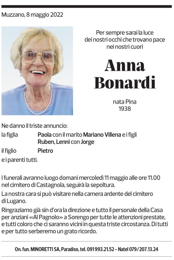 Annuncio funebre Anna Bonardi