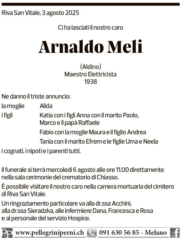 Annuncio funebre Arnaldo Meli