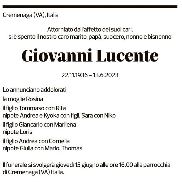 Annuncio funebre Giovanni Lucente