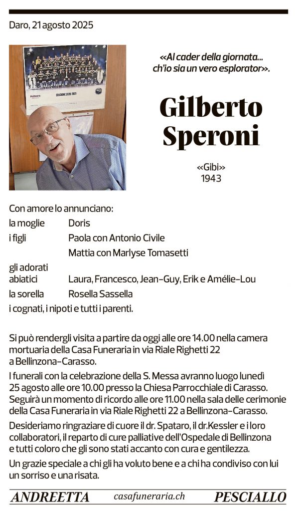 Annuncio funebre Gilberto Speroni