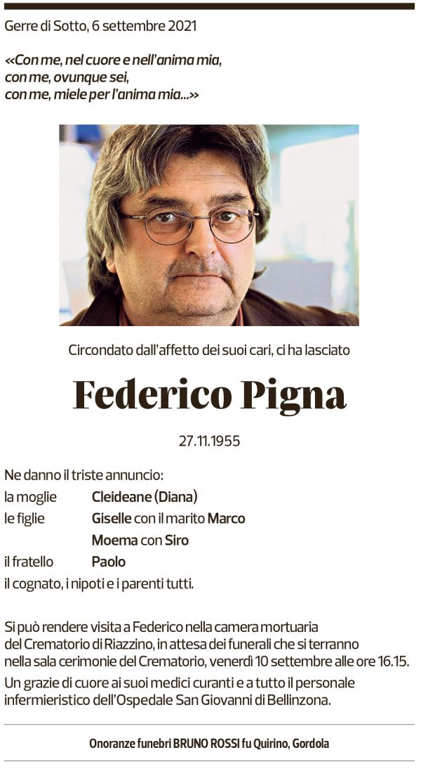 Annuncio funebre Federico Pigna