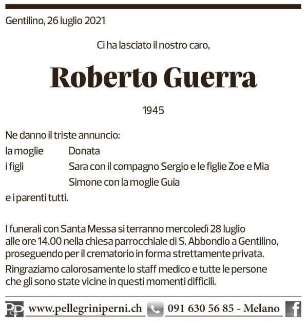 Annuncio funebre Roberto Guerra