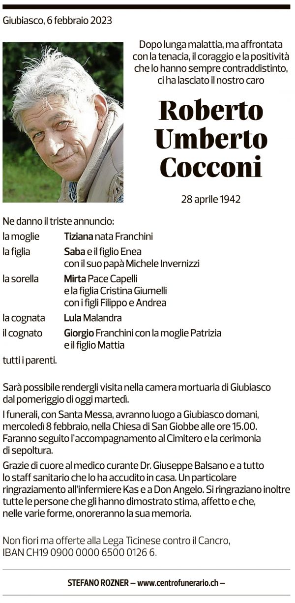 Annuncio funebre Roberto Umberto Cocconi