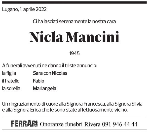 Annuncio funebre Nicla Mancini