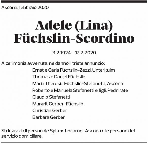 Annuncio funebre Adele Füchslin-scordino