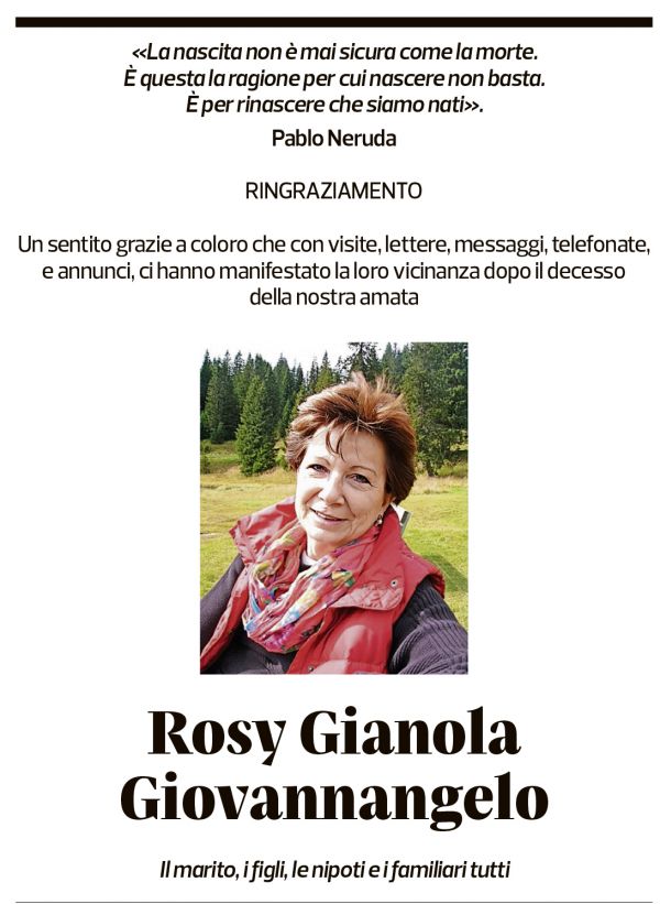 Annuncio funebre Rosy Gianola Giovannangelo