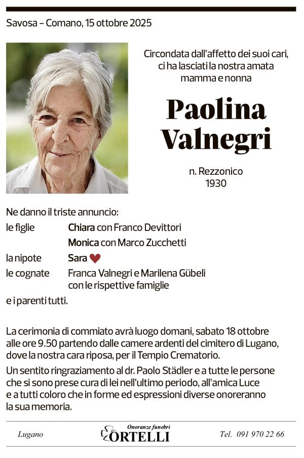 Annuncio funebre Paolina Valnegri