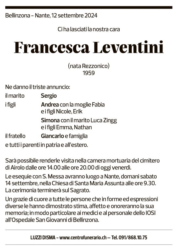 Annuncio funebre Francesca Leventini