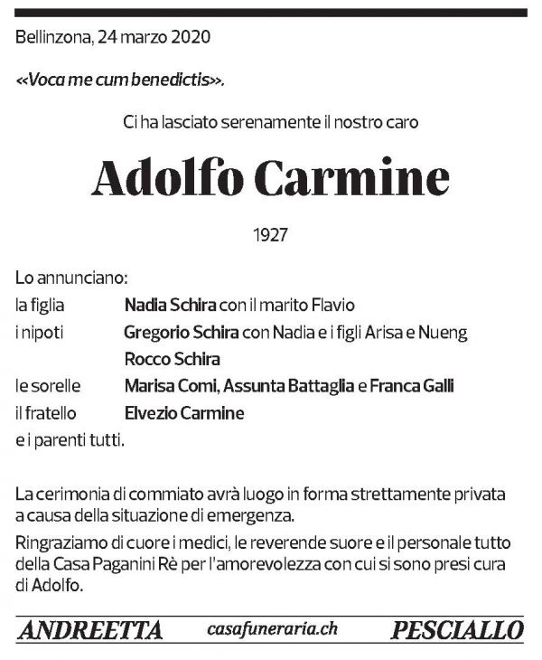 Annuncio funebre Adolfo Carmine
