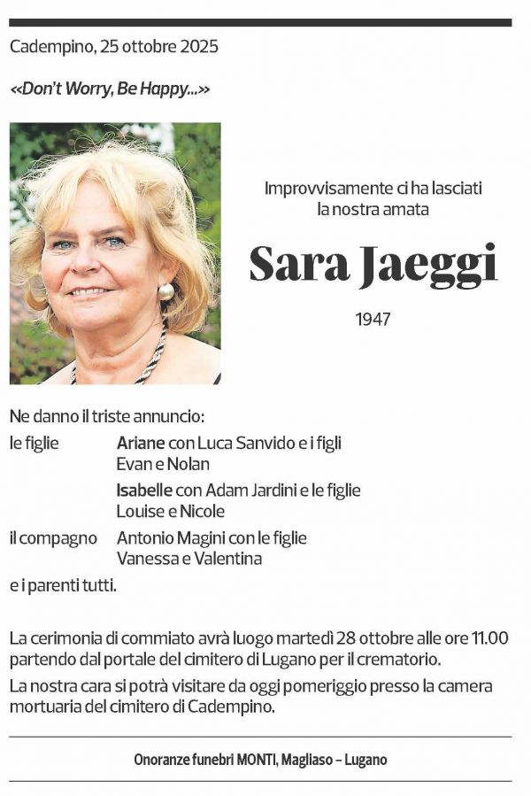 Annuncio funebre Sara Jaeggi