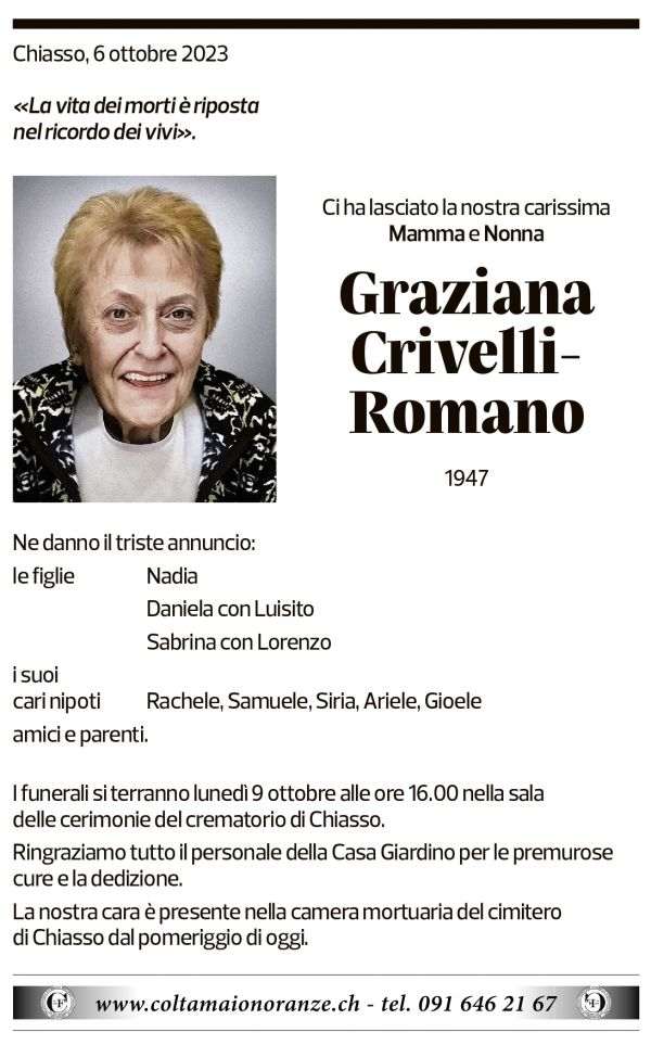 Annuncio funebre Graziella Crivelli-romano