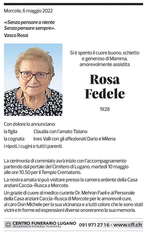 Annuncio funebre Rosa Fedele