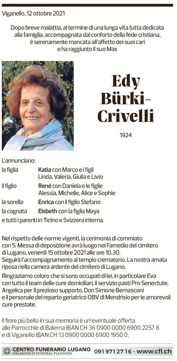 Annuncio funebre Edy Bürki-crivelli