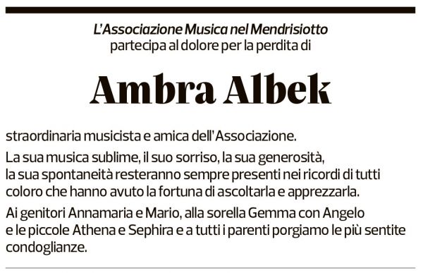 Annuncio funebre Ambra Albek