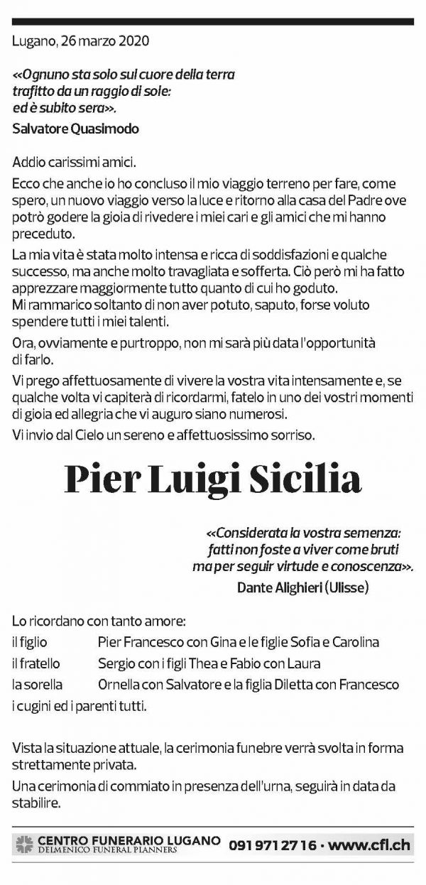 Annuncio funebre Pier Luigi Sicilia