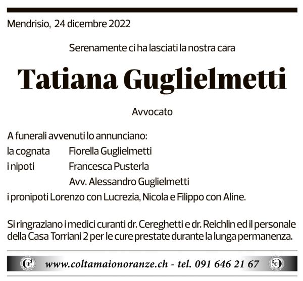 Annuncio funebre Tatiana Guglielmetti