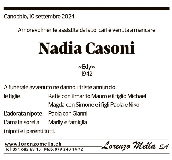 Annuncio funebre Nadia Casoni