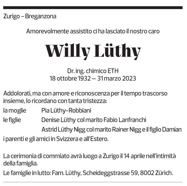 Annuncio funebre Willy Lüthy