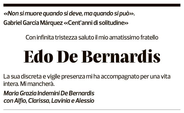 Annuncio funebre Edo De Bernardis
