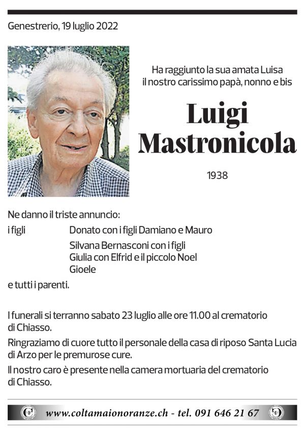 Annuncio funebre Luigi Mastronicola