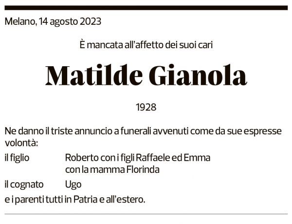 Annuncio funebre Matilde Gianola