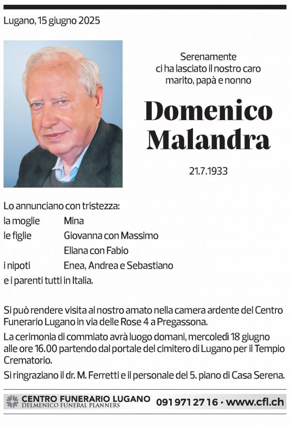 Annuncio funebre Domenico Malandra