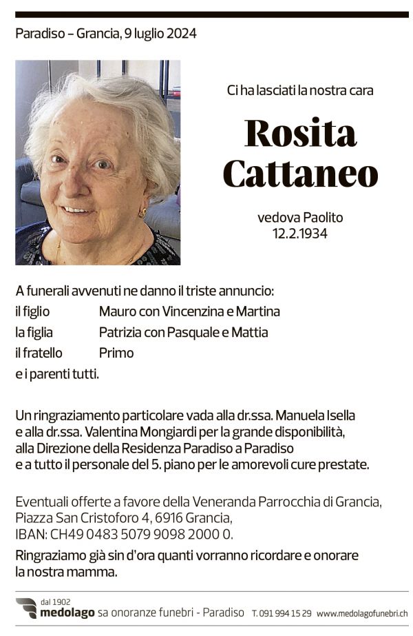 Annuncio funebre Rosita Cattaneo