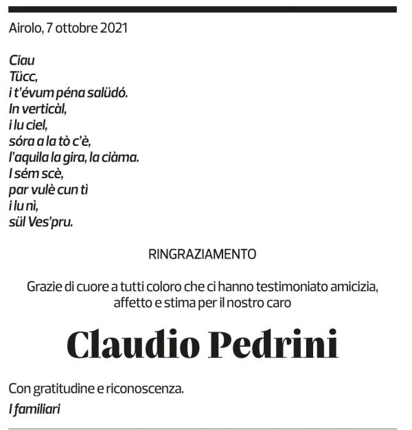 Annuncio funebre Claudio Pedrini