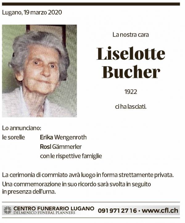Annuncio funebre Liselotte Bucher