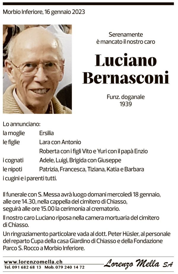 Annuncio funebre Luciano Bernasconi