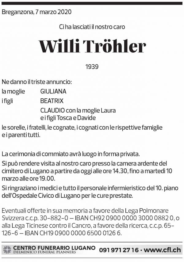 Annuncio funebre Willi Tröhler