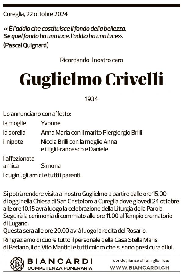 Annuncio funebre Guglielmo Crivelli