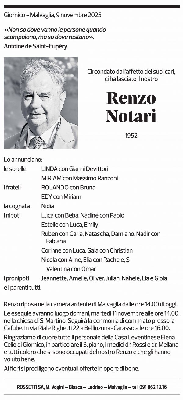 Annuncio funebre Renzo Notari