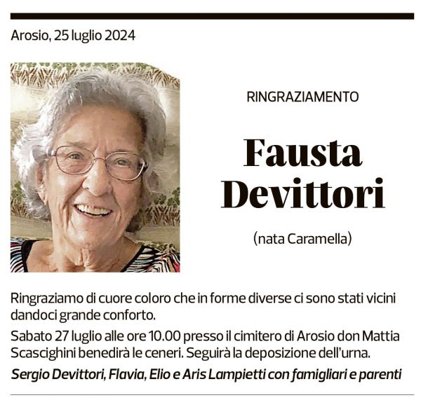 Annuncio funebre Fausta Devittori