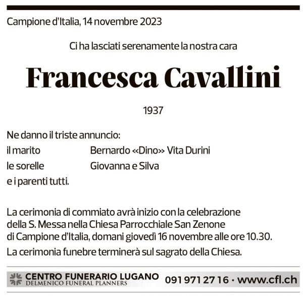 Annuncio funebre Francesca Cavallini