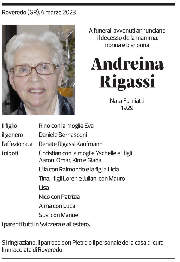 Annuncio funebre Andreina Rigassi