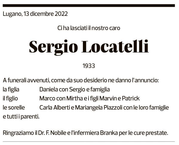 Annuncio funebre Sergio Locatelli