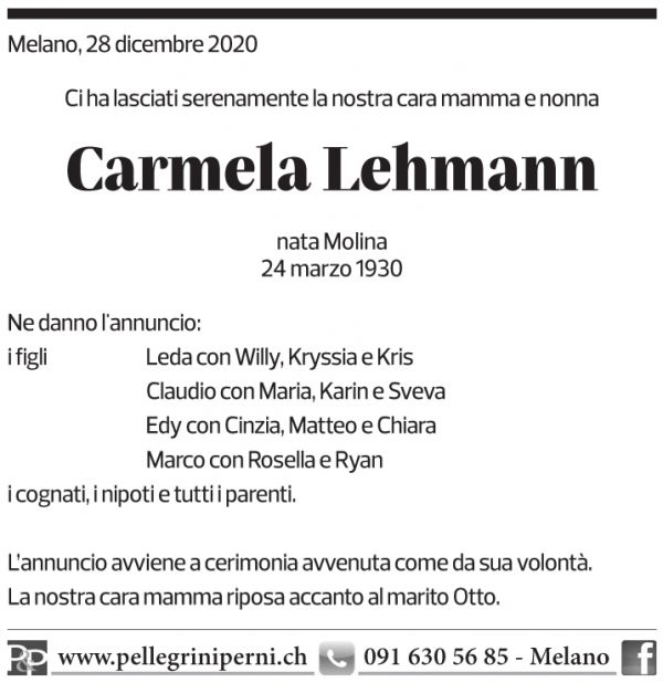 Annuncio funebre Carmela Lehmann